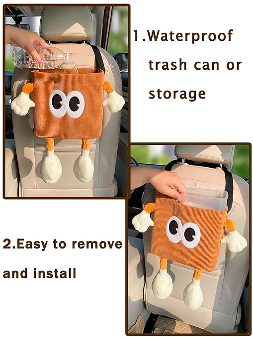 Car Cute 2 in 1 Trash Can with Tissue Holder Box Seat Back Bag Hanging over the Seat Organizer Plush Cartoon Animal Storage Garbage,Brown