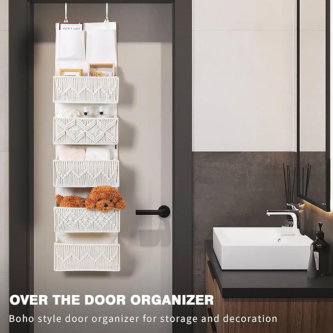 ANTIS'S HOME Over the Door Organizer Macrame Boho Nursery Storage with 5 Large Woven Pockets, Hanging Closet Basket for Bathr