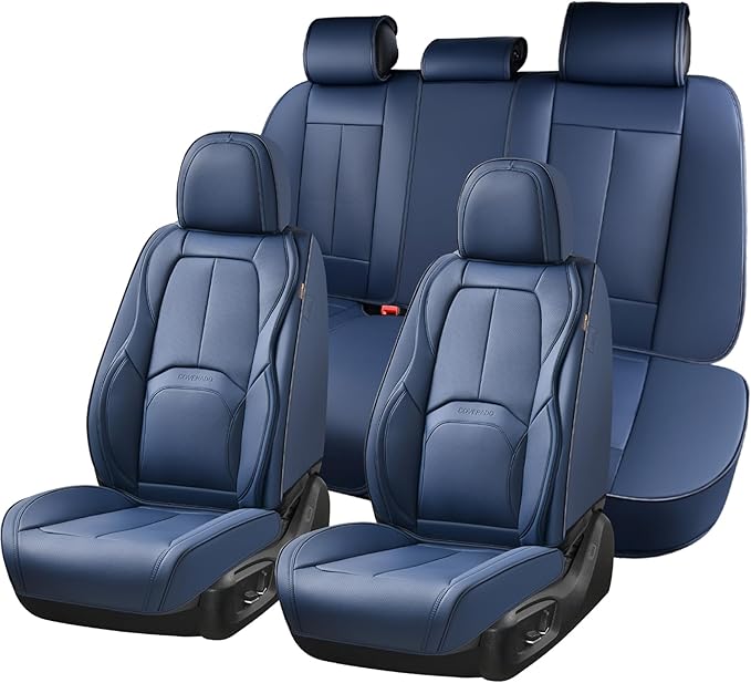 Coverado Car Seat Covers Full Set, Blue Car Seat Cover, Nappa Leather Seat Covers for Cars, Waterproof Car Seat Protector wit