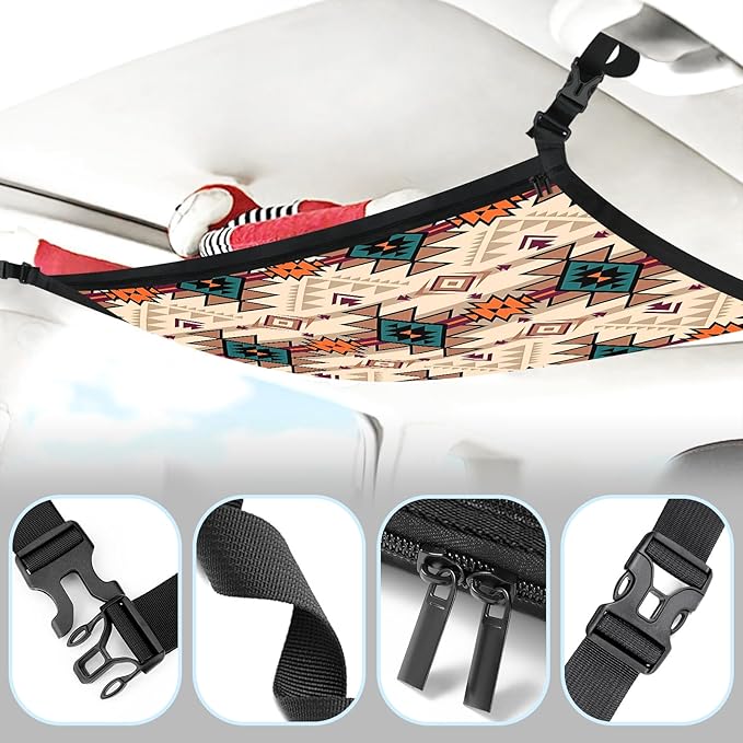 Aztec-Style Car Storage Mesh Organizer Ceiling Cargo Net Double-Layer Adjustable Zipper Truck SUVs Travel Road Trip Essentials etc. Interior Organizer