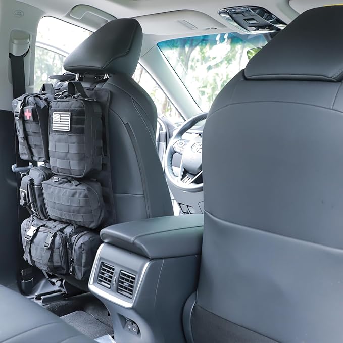 tactical car seat back organizer and storage truck seat covers with a Molle Vehicle Panel and 5 Different Size Molle Pouches for most models such as Jeep,SUV,Pickup(Black)