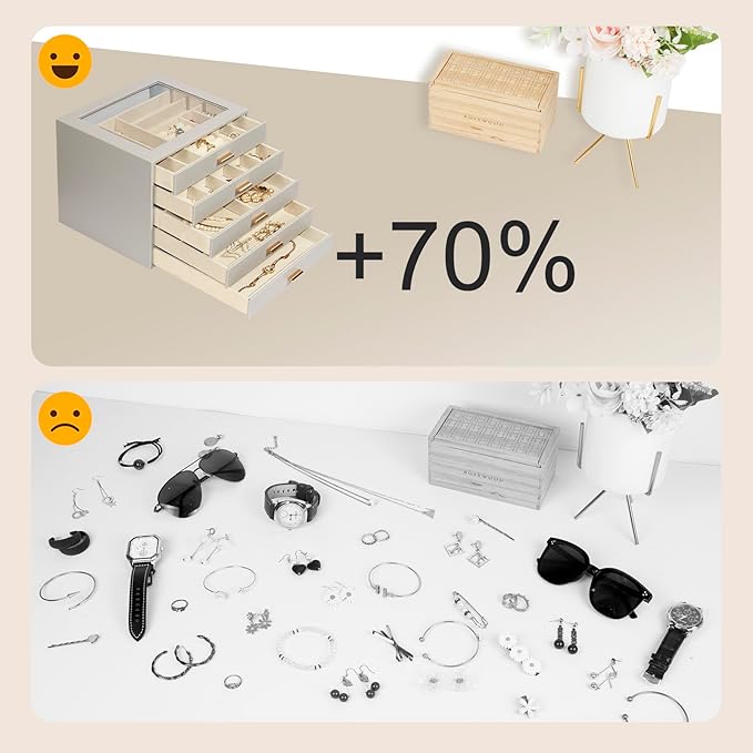 Jewelry Box with Glass Lid, 5-Layer Jewelry Organizer for Women Girls, PU Leather Display Case with 20-Grid Earring Tray & Mo