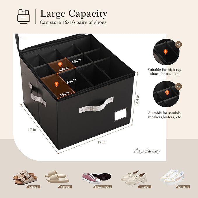 Criusia Shoe Organizer for Closet, Foldable Shoe Storage Organizer with Clear Cover and Sturdy Handles, Fit 12-16 Pairs, Clos