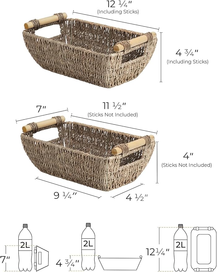 StorageWorks Small Baskets for Shelf, Seagrass Woven Basket with Wooden Handles for Gifts, 2-Pack