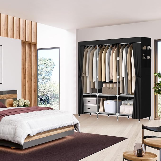 LOKEME Wardrobe Closet,Portable Closet for Bedroom Steel Pipe Diameter 19mm Strong and Sturdy Black Portable Closets for Hang