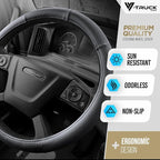 18-Inch Genuine Leather Steering Wheel Cover for Semi Trucks – Black with Carbon Fiber Imitation, Heavy-Duty Non-Slip Grip, Universal Fit, Easy Installation