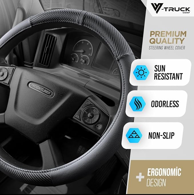 18-Inch Genuine Leather Steering Wheel Cover for Semi Trucks – Black with Carbon Fiber Imitation, Heavy-Duty Non-Slip Grip, Universal Fit, Easy Installation