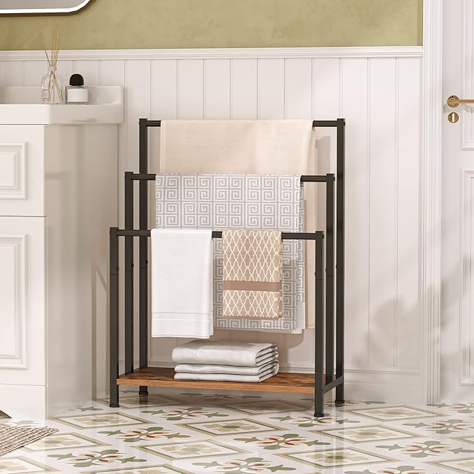 HOOBRO Free Standing Towel Rack, 3 Tier Blanket Rack, Blanket Holder for Bathroom, 23.6" L x 11" W x 31.9" H, Industrial Meta