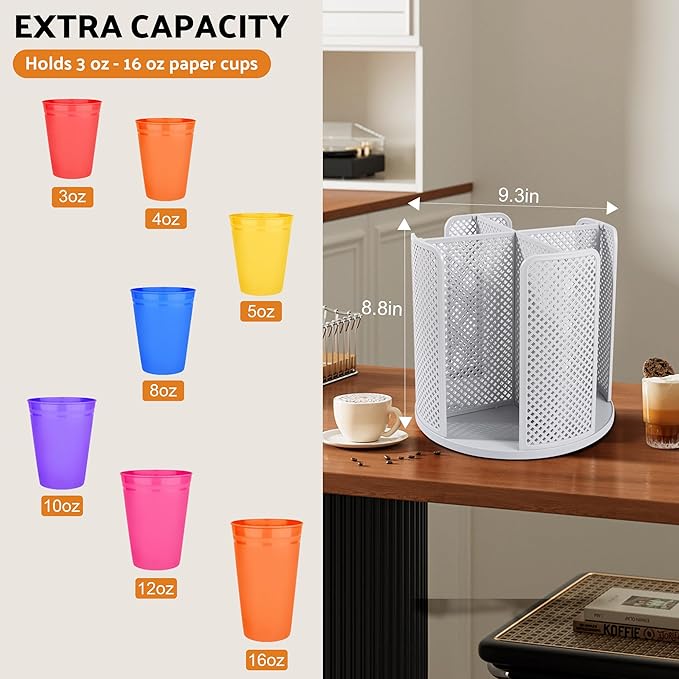 Rotating Paper Cup Dispenser, Cup Holder with 4 Compartments, Disposable Coffee Cup Dispenser Removable, Plastic Cup Storage 