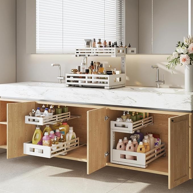 1-Pack Under Sink Organizers and Storage,2-Tier L Shape Pull Out Cabinet Organizer With Round Tube Slide Rails,Hight Adjustab