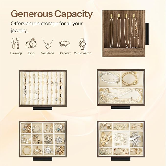 HOOBRO Jewelry Box for Women, Wooden Jewelry Organizer with Transparent Window, 4-Layer Jewelry Organizer Box, Jewelry Holder