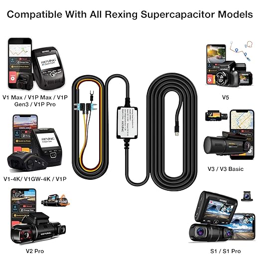 REXING Smart Hardwire Kit Mini-USB Port V1 V1P WiFi Version V3 and S1 Dash Cams