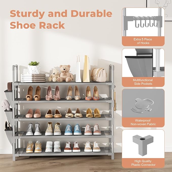 5 Tier Shoe Rack, Shoe Organizer Storage for 20-25 Pair Boot and Sneaker, Stackable Free Standing Shoe Shelf with Hooks and S