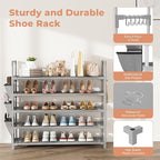 5 Tier Shoe Rack, Shoe Organizer Storage for 20-25 Pair Boot and Sneaker, Stackable Free Standing Shoe Shelf with Hooks and S