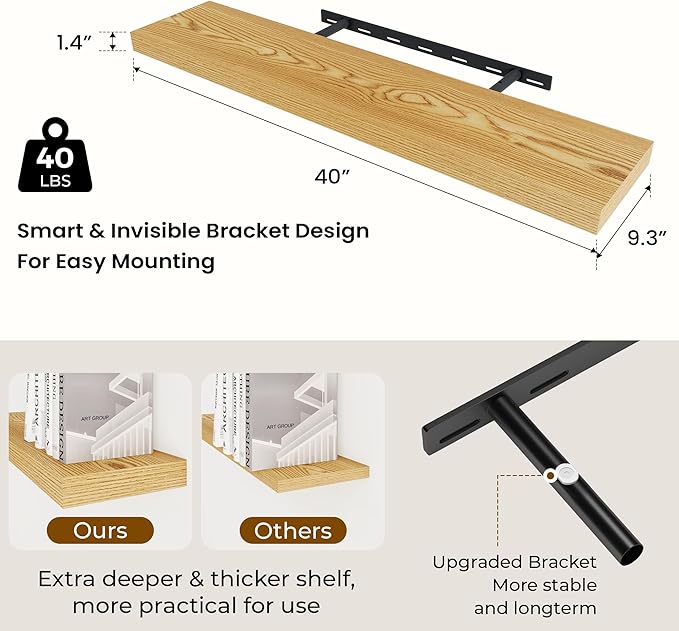 Dreamland 40 Inches Floating Shelves for Wall,9.3 Inch Deep Floating Shelves Set of 2, Large Display & Storage Shelf, Wall Sh