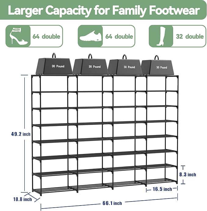 Large Shoe Rack Organizer, 4-Row 8-Tier Tall Shoe Storage Shelf for Closet, Entryway, Garage, Metal Free Standing Shoe Holder