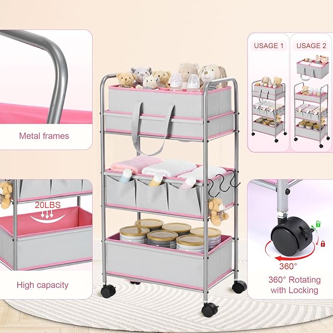 FoldTier 2in1 Baby Diaper Caddy Organizer Cart 3 Tier Large Capacity Metal Utility Bedside Rolling Cart with Divider Newborn 