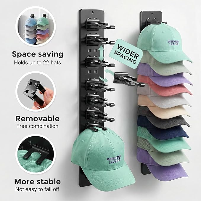 2 Pack Hat Organizer for Baseball Caps,Detachable DIY Hat Rack for Wall Hold Up to 22 Hats,Baseball Cap Organizer Cap Holder 