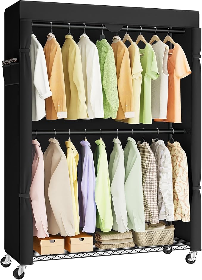 SONGMICS Heavy-Duty Rolling Clothes Rack, Garment Rack, Portable Closet on Wheels, with Adjustable Mesh Shelves and Hanging R