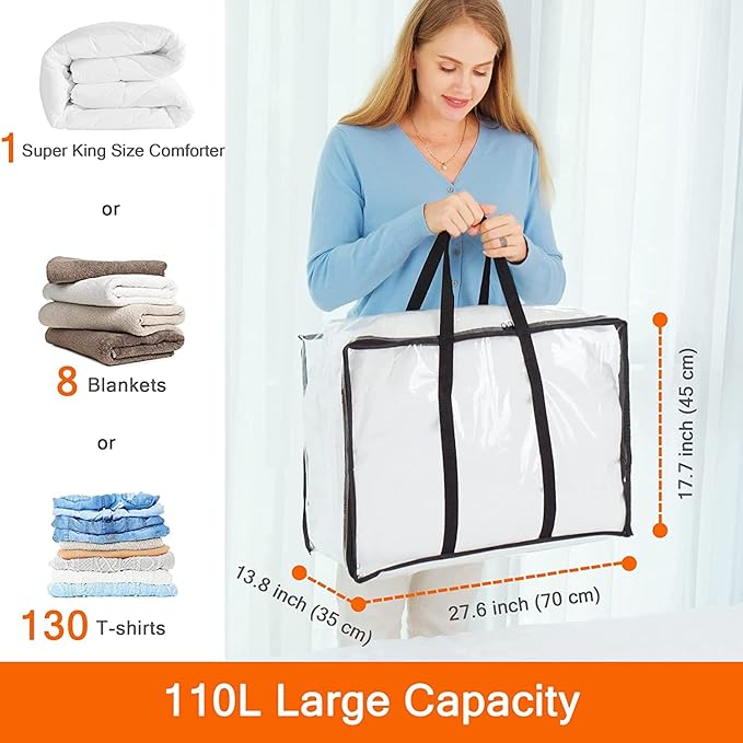 Vieshful 7 Pack Clear Comforter Storage Bag, 110L Over-Sized Clothes Storage Bag with Zipper Closet Organizer, Plastic Storag