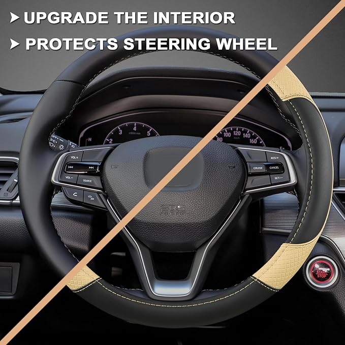 GIANT PANDA Microfiber Leather Steering Wheel Cover for Honda Accord,Civic,CR-V,HR-V,Pilot(Diamond-Pattern-Black+Beige-Standa