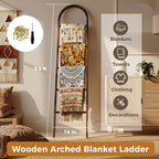 Sintuff Arched Blanket Ladder for Living Room, 5.5ft Wooden Blanket Rack, 5-Tier Natural Leaning Ladder Shelf for Farmhouse B