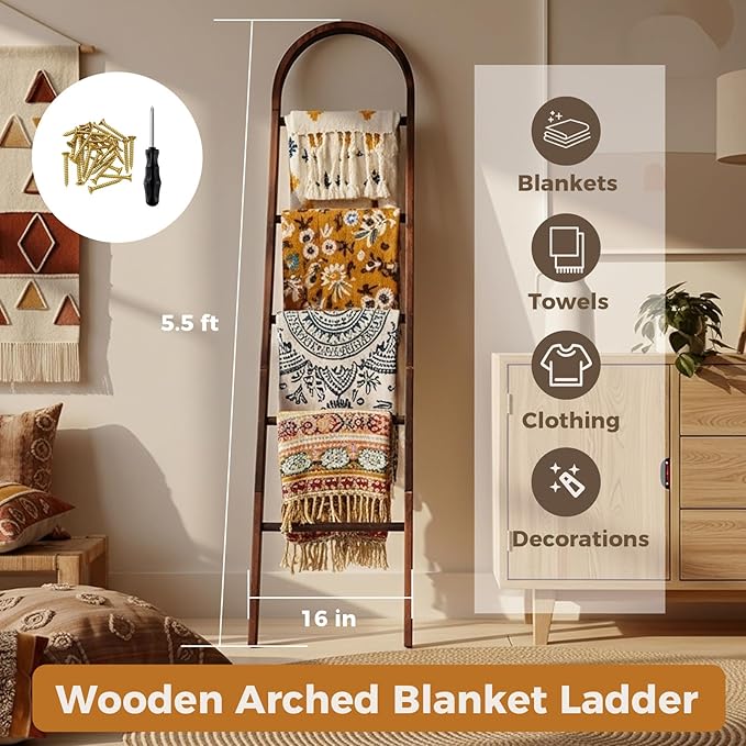 Sintuff Arched Blanket Ladder for Living Room, 5.5ft Wooden Blanket Rack, 5-Tier Natural Leaning Ladder Shelf for Farmhouse B