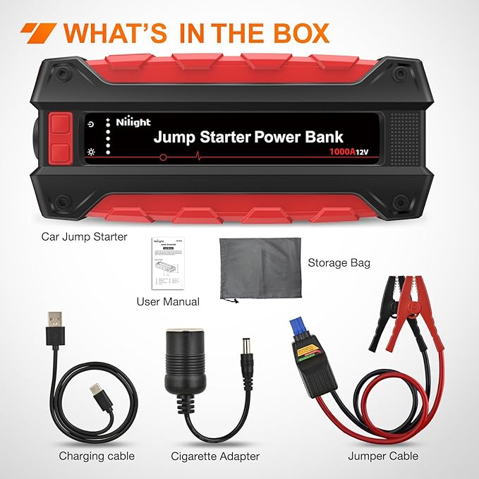 Nilight 1000A Car Battery Jump Starter for Up to 6.0L Gas & 4.0L Diesel Engines 12V Portable Jump Start Booster Pack Jump Box with Jumper Cables DC Output and LED Light