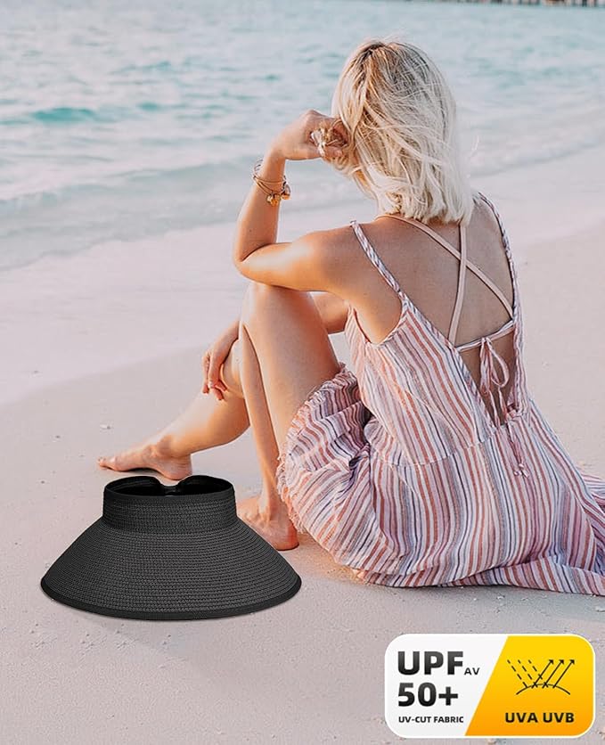 Sun Visor Hat for Women, Wide Brim Straw Summer UV Protection Hat, Foldable Roll-up Packable Beach Cap