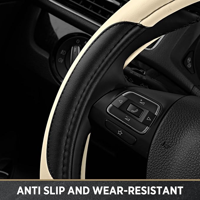 Road Comforts Leather Steering Wheel Cover - Made with PVC Leather - Anti-Slip, Universal Fit 14 1/2 inches to 15 inches - Mi
