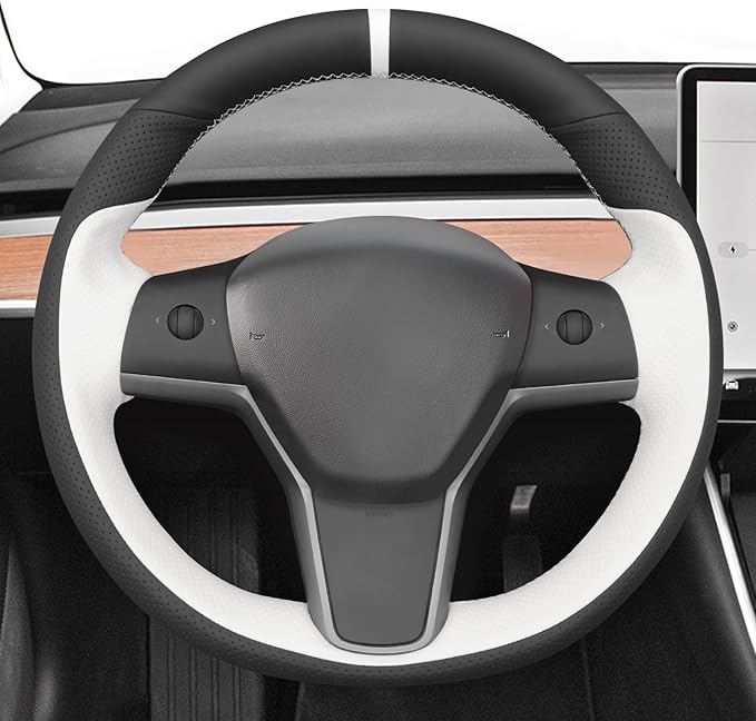 MEWANT Hand Stitched Real Leather Steering Wheel Cover for Tesla Model 3 2017-2023 / Model Y 2020-2023 for Tesla Model 3/Y Accessories(3D Style)