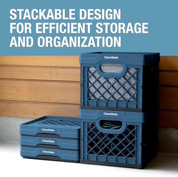 CleverMade Collapsible Milk Crate 25L (6.6 Gal) 3 Pack, 50 lb Capacity Heavy Duty Folding Crate – Stackable Storage Crates wi