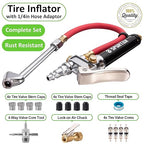 Spurtar 10-120 PSI Heavy Duty Tire Pressure Gauge with Inflator Air Chuck with Pressure Gauge with 4 Way Tool and Valve Cores Air Compressor Attachments Tire Inflator Nozzle for Car Automotive Truck