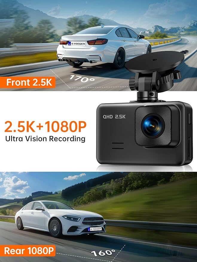 Dash Cam Front and Rear, 2.5K+1080P Dual Dash Camera for Cars, 2’’ Display Mini Car Camera, G-Sensor Dashcam, Night Vision, 2