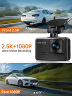 Dash Cam Front and Rear, 2.5K+1080P Dual Dash Camera for Cars, 2’’ Display Mini Car Camera, G-Sensor Dashcam, Night Vision, 2