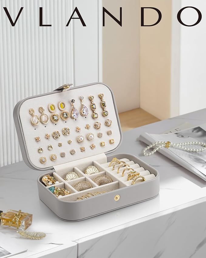 VLANDO Travel Jewelry Case, PU Leather Travel Jewelry Box with Earring Holder, Portable Display Small Jewelry Box for Mothers