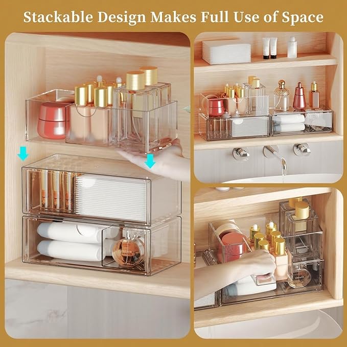 Medicine Cabinet Organizer with Removable Dividers, 3-Tier Stackable Drawer Storage for Bathroom, RV, Vanity, Countertop & De