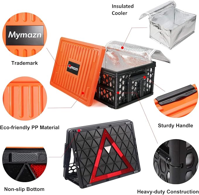 Mymazn Trunk Crate Organizer with Cooler for Car, Collapsible Plastic Trunk Lid Organizer Box for Travel, Groceries, Sports,