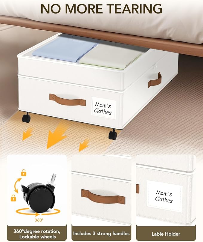 Under Bed Storage with Wheels, 10 inches Under Bed Storage Containers, 65L XXL Large Adjustable Underbed with Lids, Rolling U