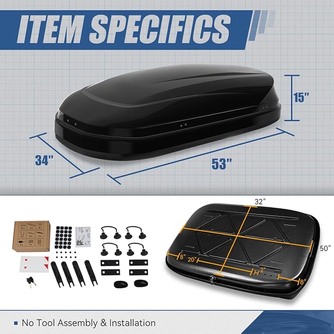 Auto Dynasty Hard Shell Roof Top Mount Car Storage Travel Luggage Box Cargo Carrier, 53 (L) x 34 (W) x 15 (H) Inches, Capacity 110 Pounds, 11 Cubic Feet (Tool-Free Install), Glossy Black Finish