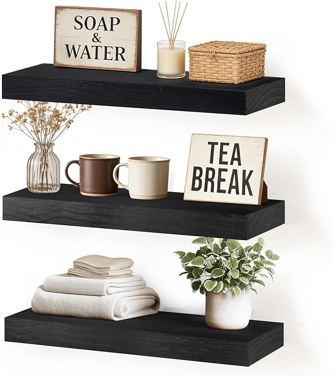 Floating Wall Shelf 16x6.8x1.7 Inch – Solid Wood Shelf in Black Finish – Wall Mounted Rustic Display Organizer for Bathroom, 