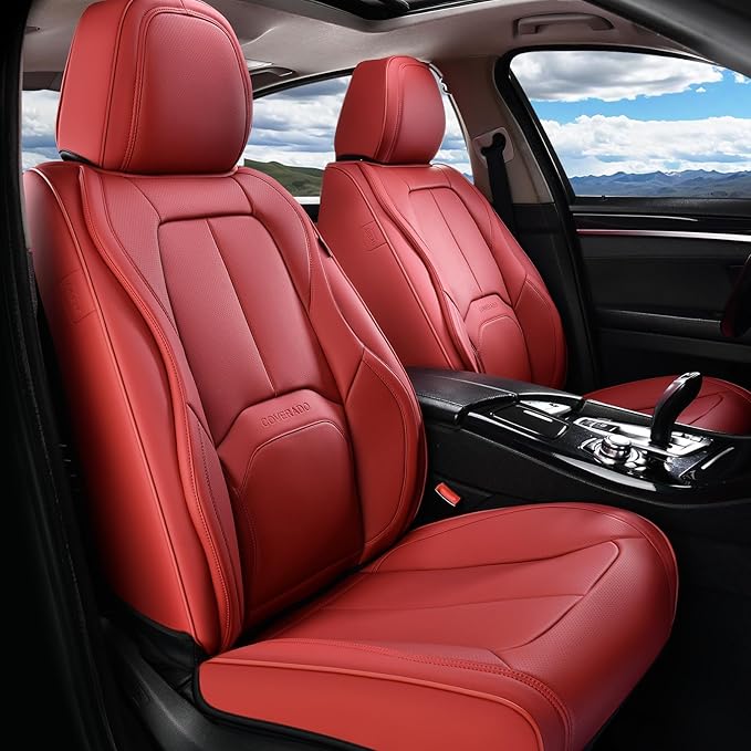 Coverado Car Seat Covers Full Set, Premium Nappa Leather Seat Covers for Car, Waterproof Car Seat Protector with Lumbar Suppo