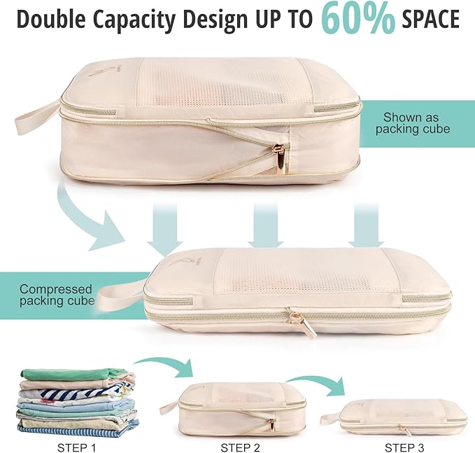 Compression Packing Cubes for Travel, Bunnychill Portable Zipper Packing Cube for Cloting, Expandable Space Saver Storage Lug