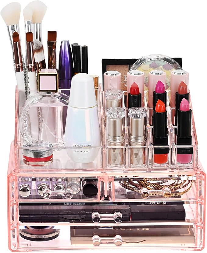 Ikee Design Pink Jewelry & Cosmetic Storage Display Boxes Two Pieces Set, Pink Cosmetic Jewelry Organizer Makeup Holder, Orga