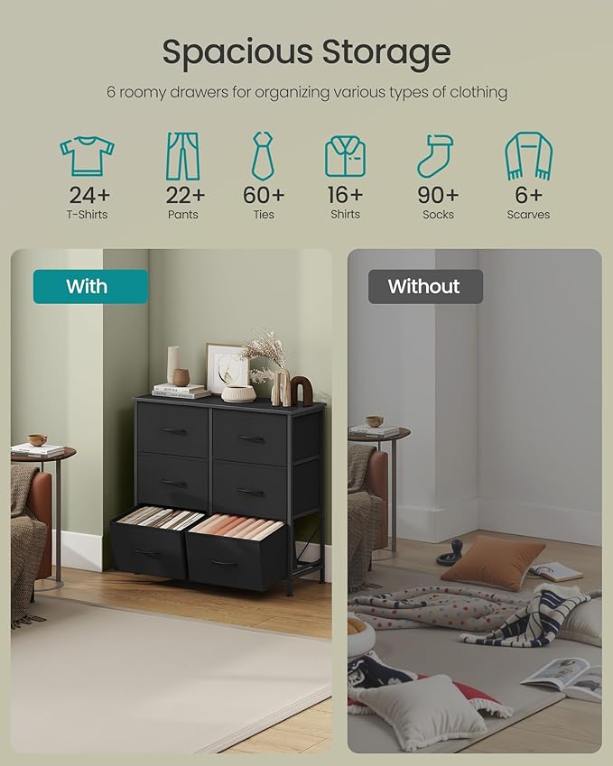 SONGMICS Dresser for Bedroom, Chest of Drawers, TV Stand, Steel, MDF, 6 Non-Woven Fabric Drawers, Storage Organizer Unit, Clo