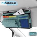 Car Sun Visor Organizer, Car Storage Pouch Holder with Multi-Pocket Net Zipper, Suede Note Holder Car Visor Storage Organizer with Glasses Case, Sunglass Holder for Car Interior Accessories (Blue)