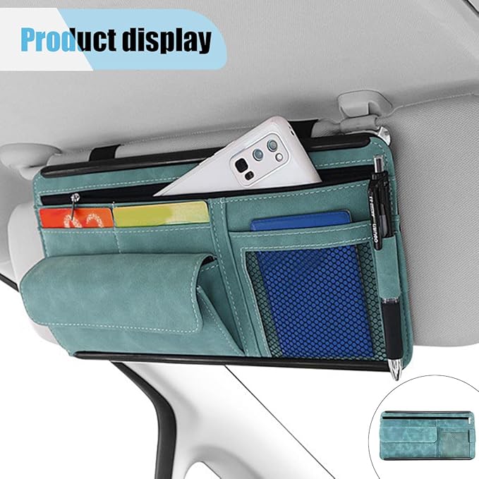 Car Sun Visor Organizer, Car Storage Pouch Holder with Multi-Pocket Net Zipper, Suede Note Holder Car Visor Storage Organizer with Glasses Case, Sunglass Holder for Car Interior Accessories (Blue)