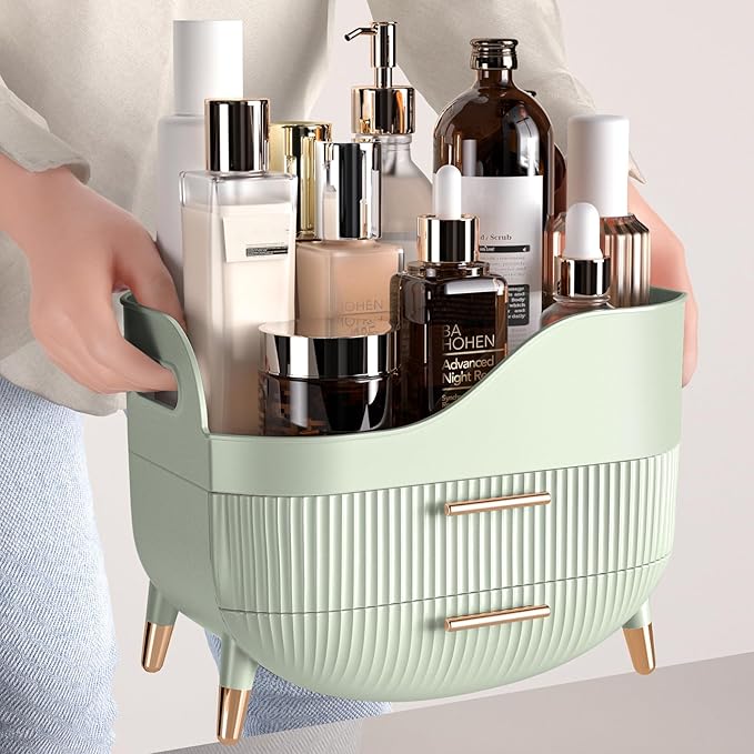 Pajiriona Makeup Organizer with Drawers, Green Skincare Organizer for Vanity, Storage Box with Handle, Large Cosmetic Display