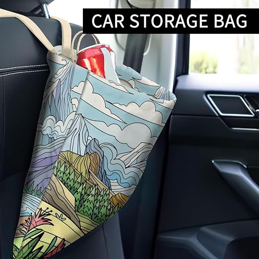 Car Trash Can, Cute Car Trash Bag, Hanging Car Organizer and Storage Bag, Trash Bin for Car Accessories, Vehicle, Travelling, Camping Pastel Mountain Landscape