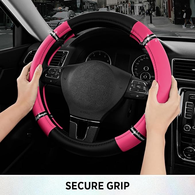 Road Comfort Leather Steering Wheel Cover – Premium Anti-Slip Car Steering Wheel Grip Cover – Universal Fit for 14.5”–15.5” C